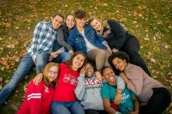 Group photo of students on the quad in the fall