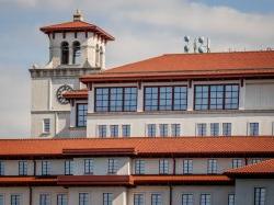 The exterior of University Hall showcasing the bell-tower and the Conference Center on the 7th Floor.